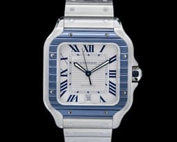 Santos Large SS / SS White Dial Blue Bezel Automatic