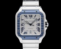 Santos Large Automatic Blue Bezel SS Silver Dial